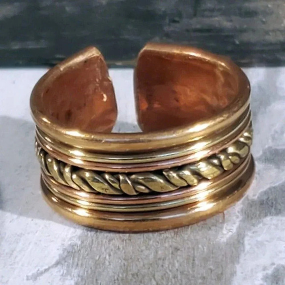 Tribal Style India Solid Brass Copper Wide Band Adjustable Finger Ring - Picture 1 of 12